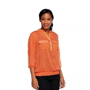 Susan Graver Printed Sheer Chiffon Blouse with Smocked Hem and Cuffs Size S NWOT